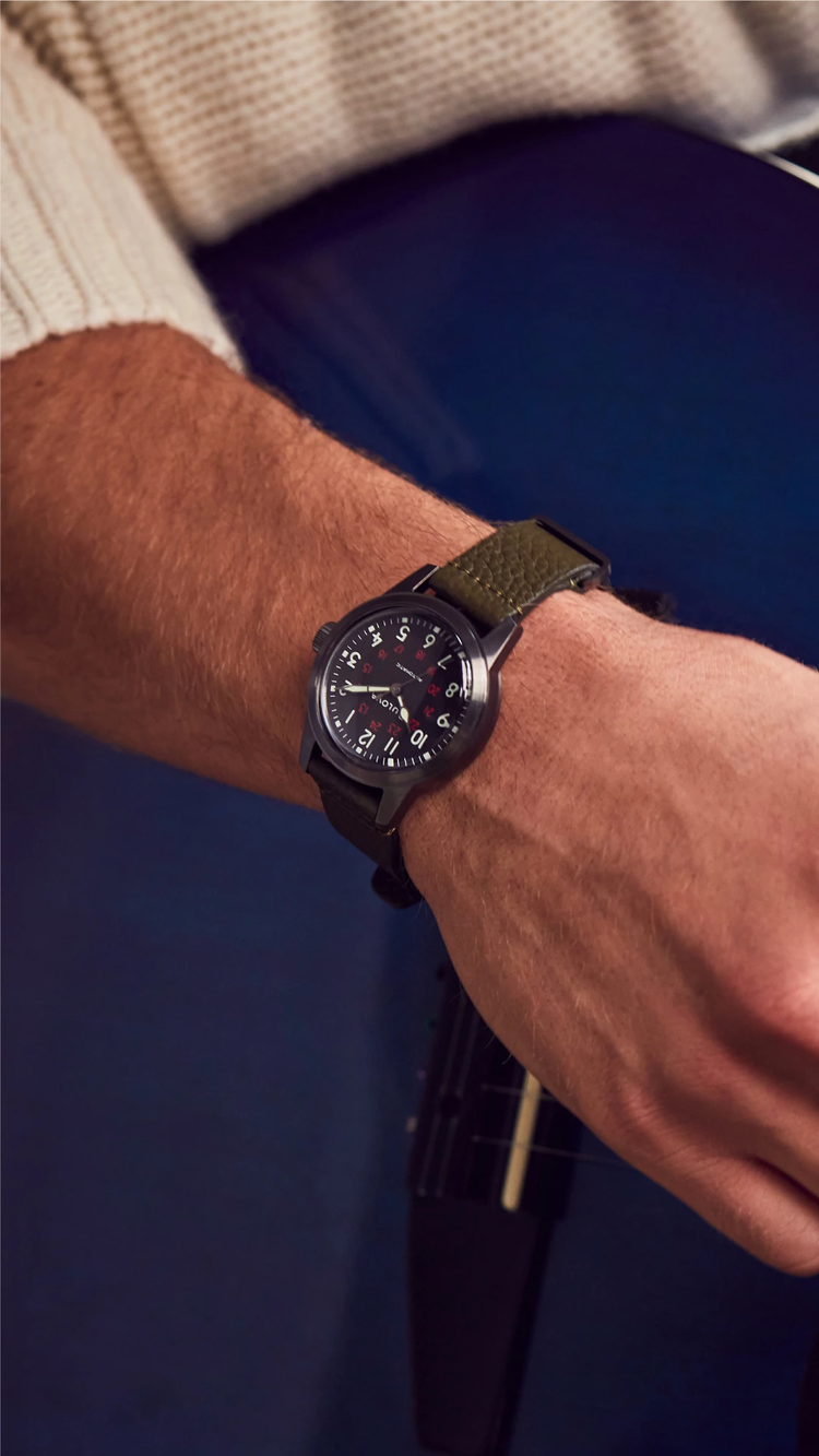 Bulova 98A255 Hack watch green leather strap detail