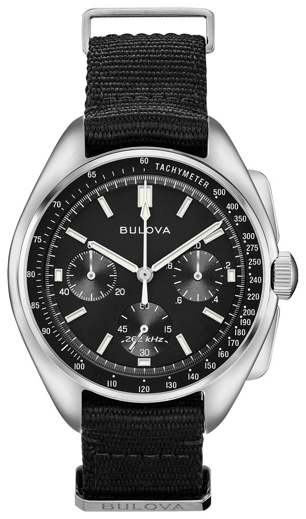 Bulova 96A225 Lunar Pilot chronograph black dial NATO strap - front