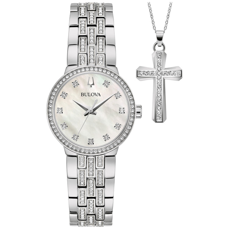 Bulova 96X163 crystal women's watch and cross pendant box set
