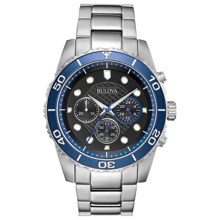 Bulova 98A212 Classic Sport 6-hand chronograph black dial blue bezel watch