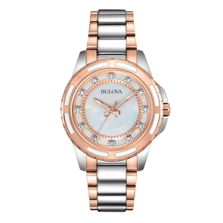 Bulova 98P134 women's rose gold-tone diamond mother-of-pearl watch