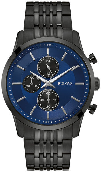 
                    Bulova 98A300 black ion-plated chronograph navy blue dial watch
                  