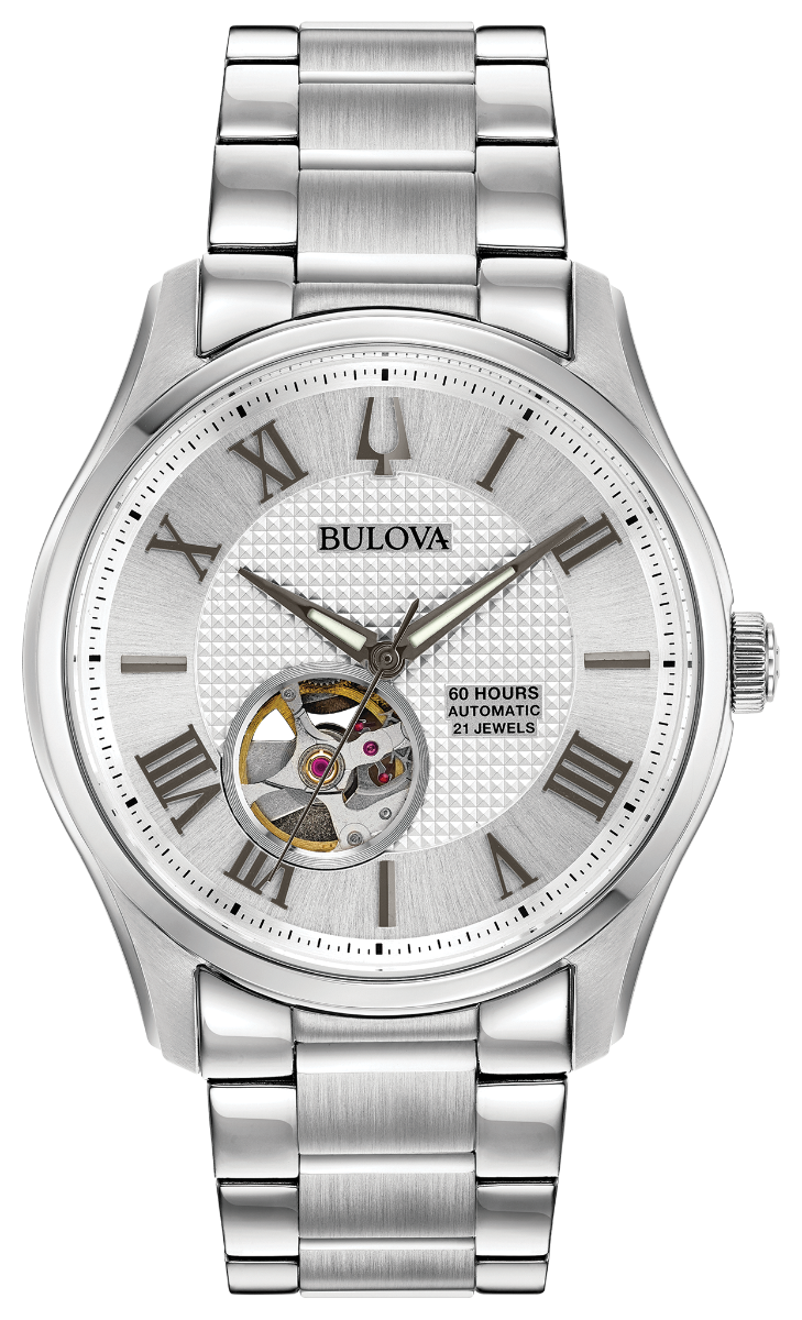 
                    Bulova 96A207 Wilton automatic silver skeleton dial watch - front
                  