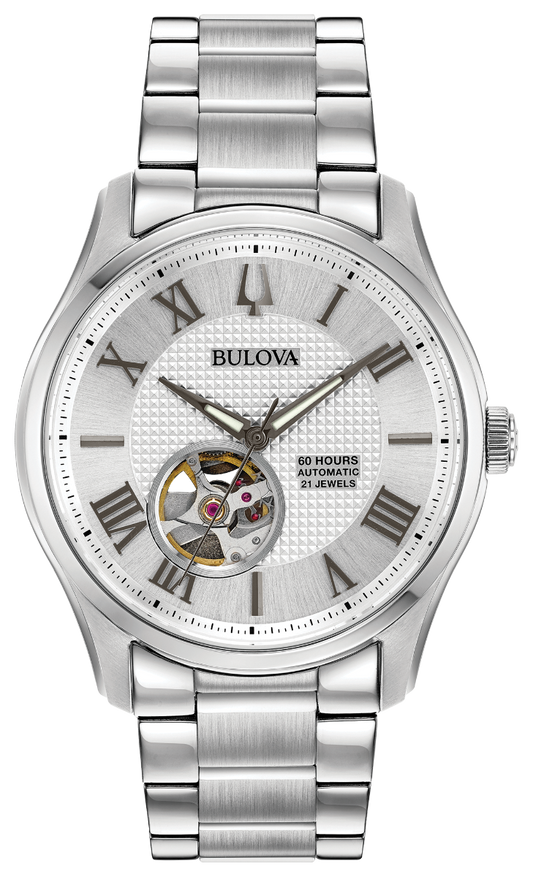 Bulova 96A207 Wilton automatic silver skeleton dial watch - front