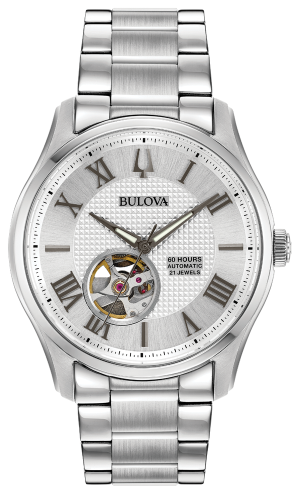 Bulova 96A207 Wilton automatic silver skeleton dial watch - front