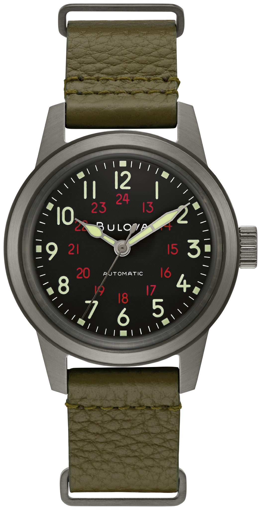 
                    Bulova 98A255 Military Hack automatic watch black dial green strap - front
                  