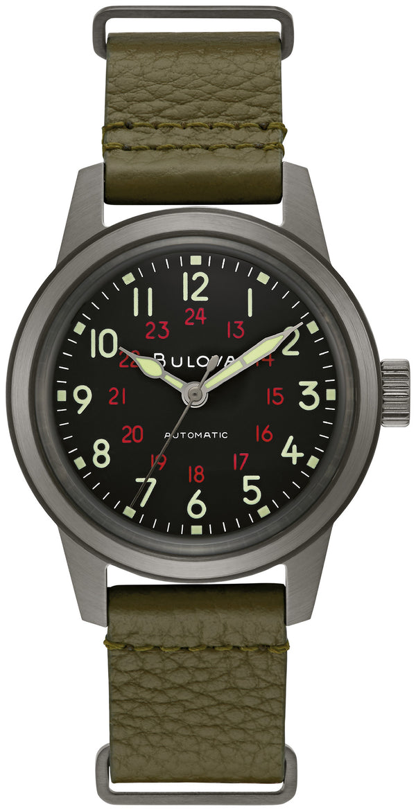 Bulova 98A255 Military Hack automatic watch black dial green strap - front