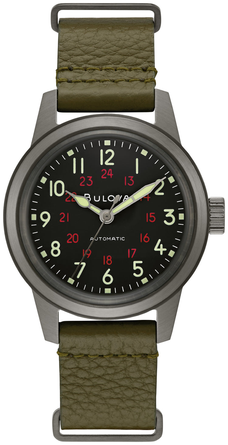 Bulova 98A255 Military Hack automatic watch black dial green strap - front