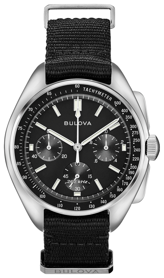 Bulova 96A225 Lunar Pilot chronograph black dial NATO strap - front