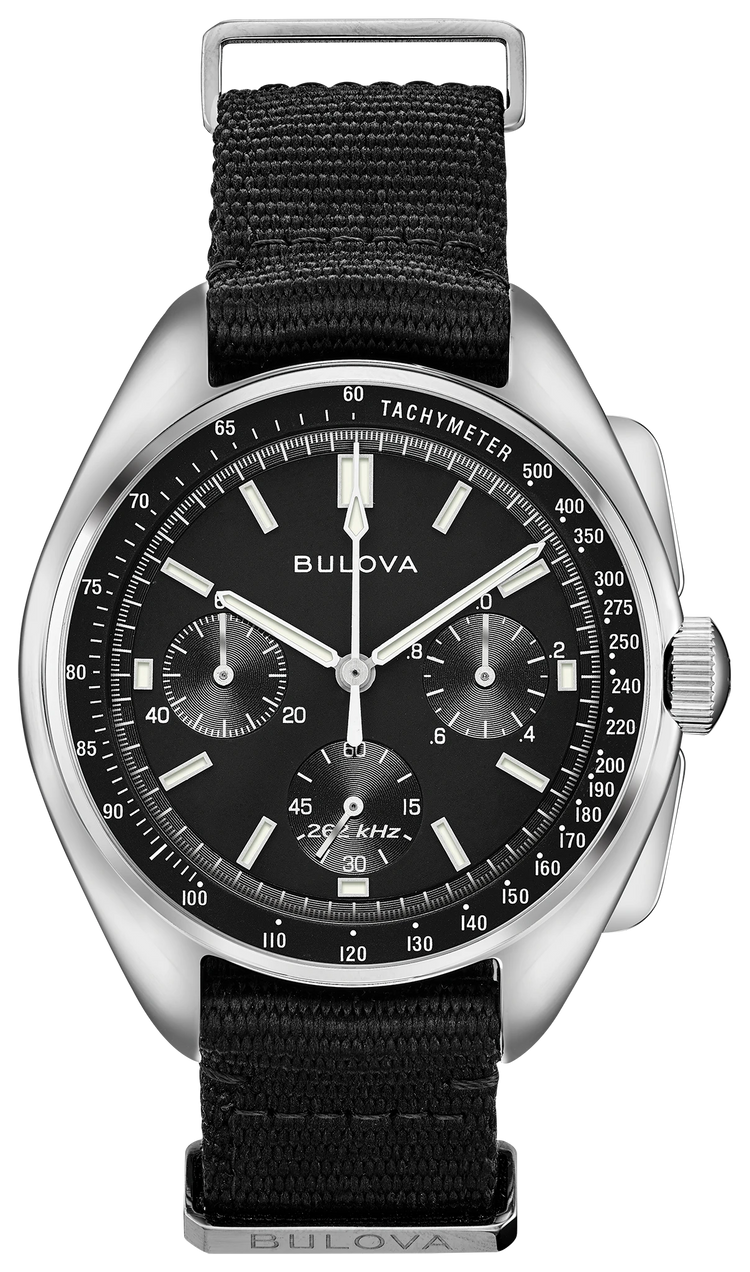Bulova 96A225 Lunar Pilot chronograph black dial NATO strap - front
