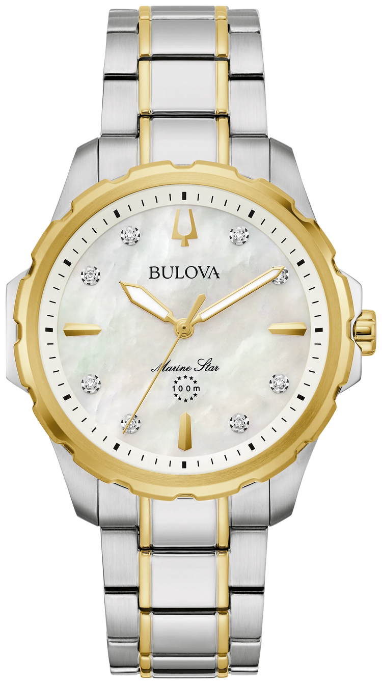 Bulova 98P227 Marine Star women's two-tone white MOP diamond watch - front