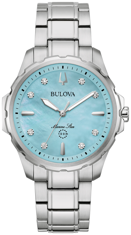 Bulova 96P248 Marine Star women's blue MOP diamond watch - front