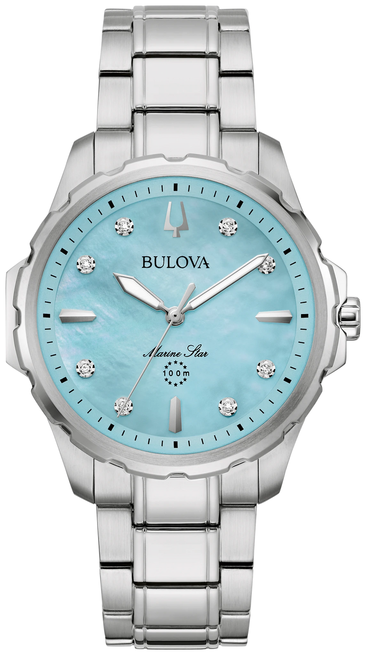 Bulova 96P248 Marine Star women's blue MOP diamond watch - front