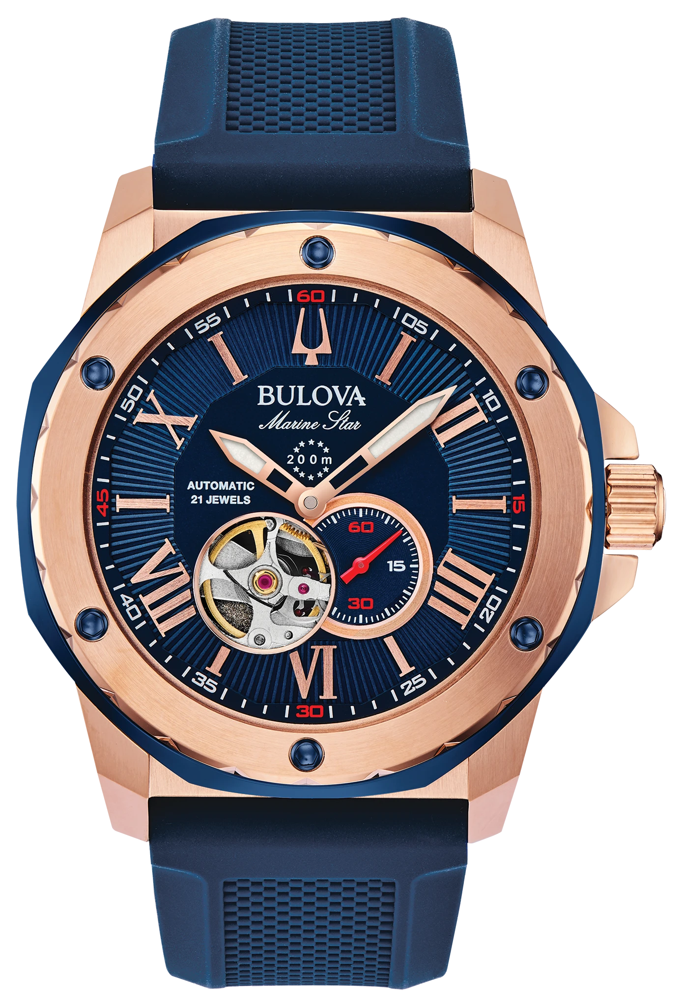 
                    Bulova 98A227 Marine Star Series A blue dial rose gold-tone watch - front
                  