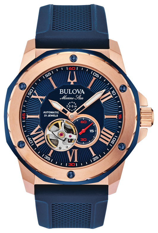 Bulova 98A227 Marine Star Series A blue dial rose gold-tone watch - front