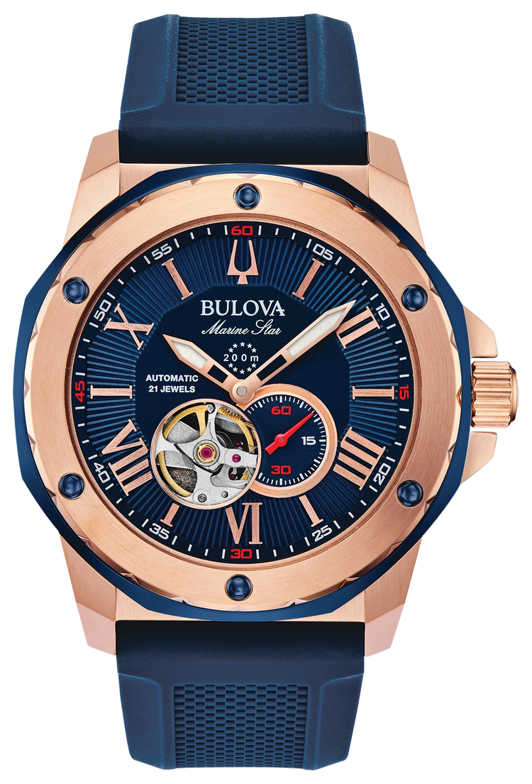 Bulova 98A227 Marine Star Series A blue dial rose gold-tone watch - front