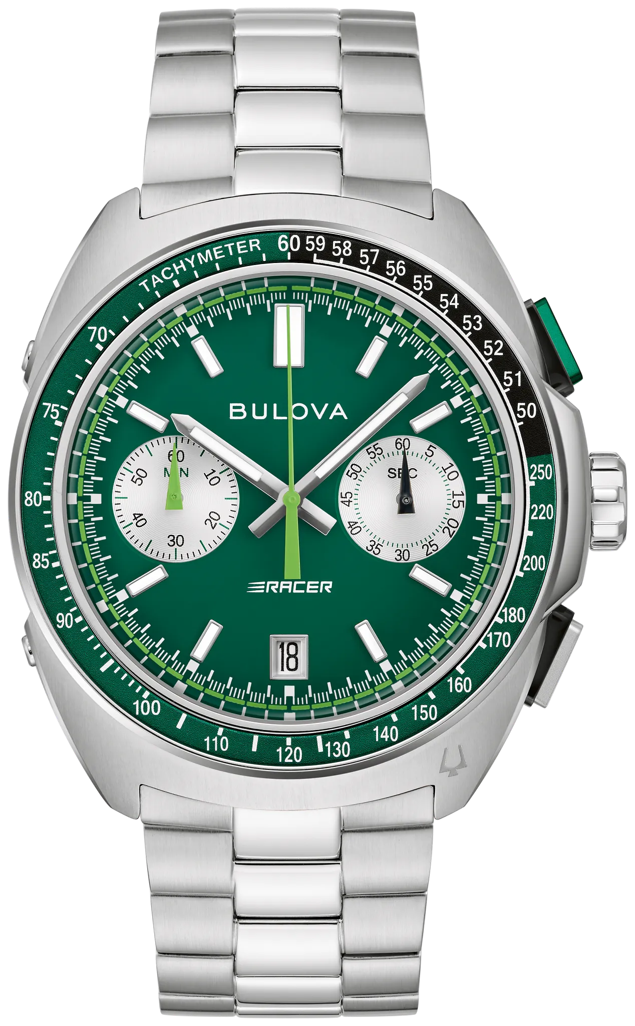 
                    Bulova 98B468 Racer Chronograph green dial watch - front
                  