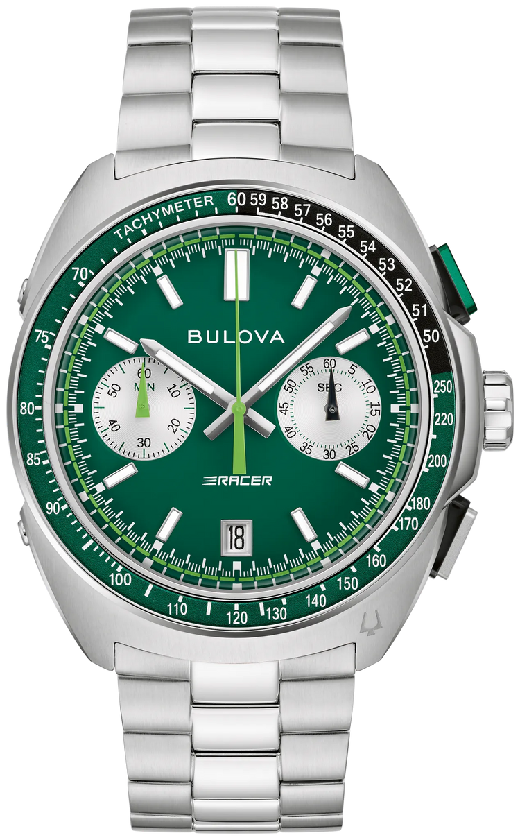 Bulova 98B468 Racer Chronograph green dial watch - front