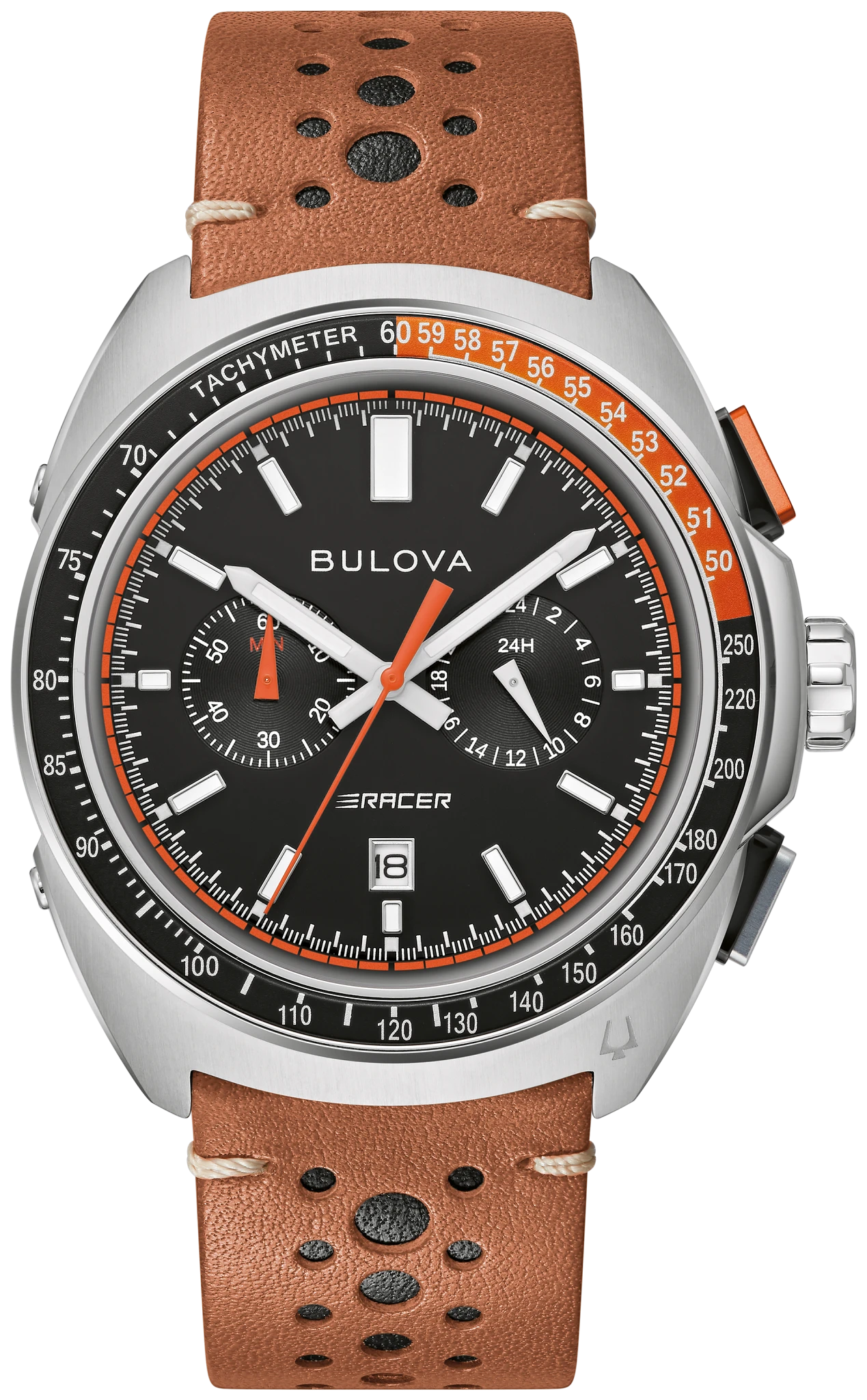 
                    Bulova 98B427 Racer Chronograph black dial brown strap - front
                  