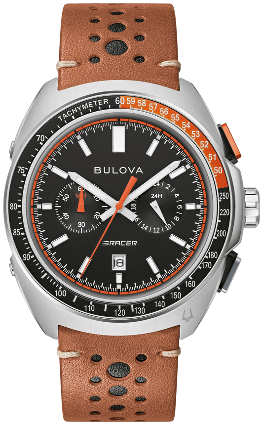 Bulova 98B427 Racer Chronograph black dial brown strap - front