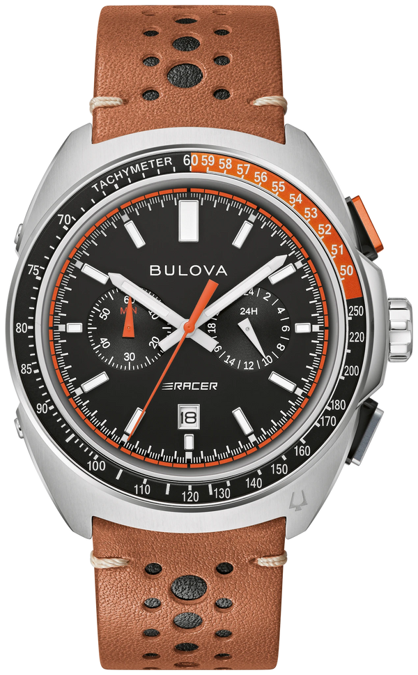 Bulova 98B427 Racer Chronograph black dial brown strap - front