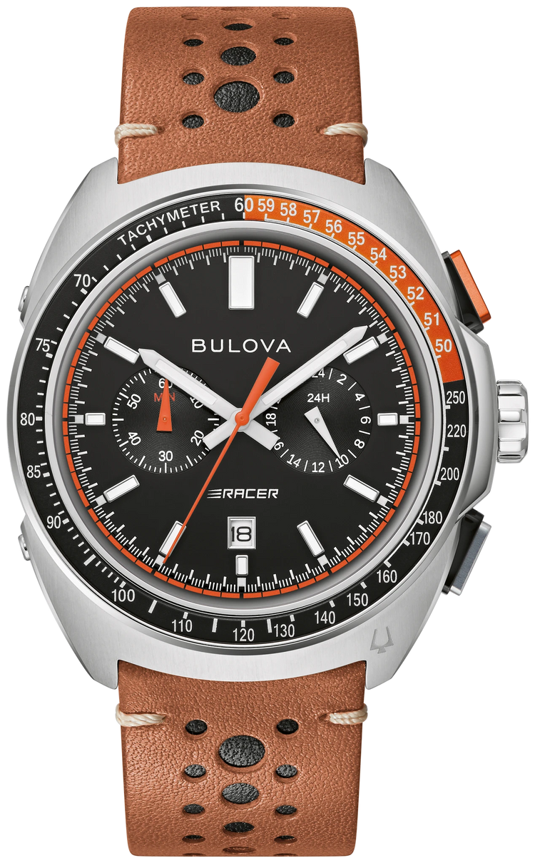 Bulova 98B427 Racer Chronograph black dial brown strap - front
