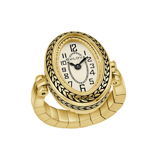 Bulova Archive 97L188 gold-tone Art Deco ring watch with ivory dial - front view