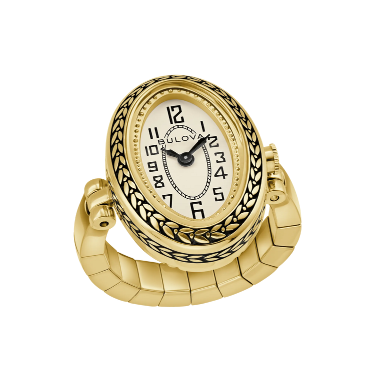 Bulova Archive 97L188 gold-tone Art Deco ring watch with ivory dial - front view