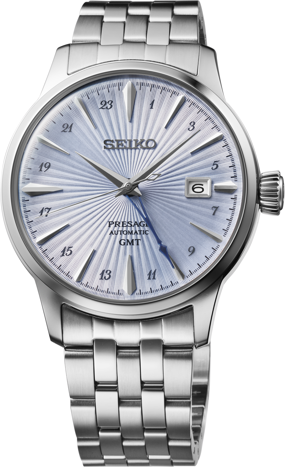 
                    Silver Seiko watch with a detailed face on a white background
                  