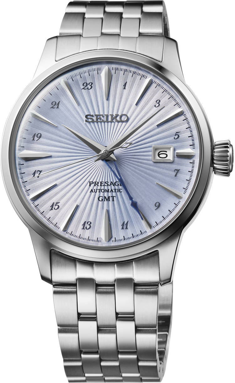 Silver Seiko watch with a detailed face on a white background