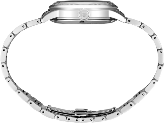 Close-up of a silver watch with a detailed bezel on a white background
