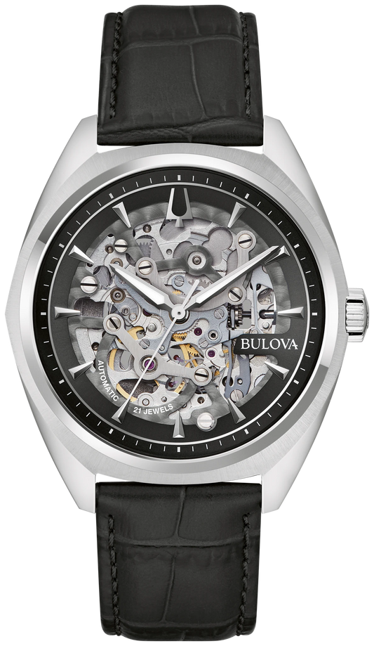 Bulova 96A310 Surveyor skeleton automatic watch black dial - front