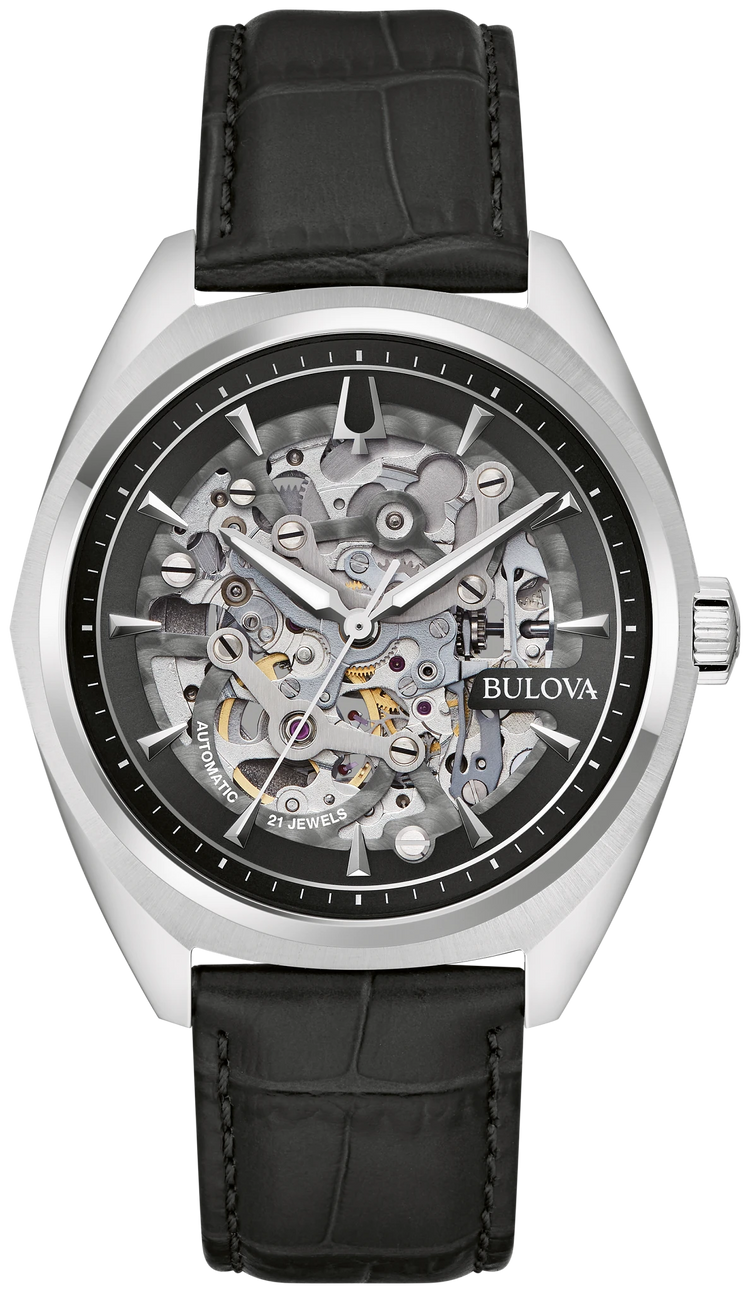 Bulova 96A310 Surveyor skeleton automatic watch black dial - front
