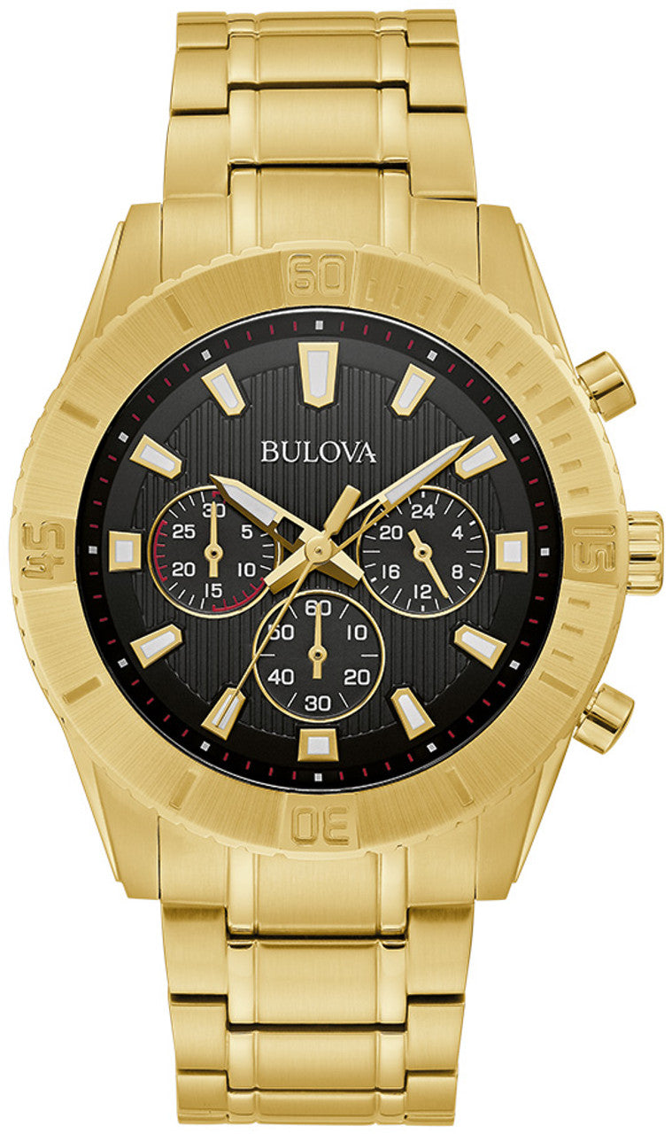
                    Bulova 97A165 gold-tone stainless steel chronograph watch with black dial
                  