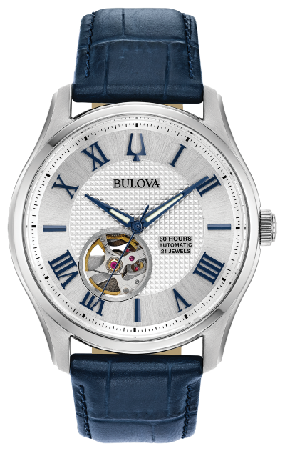
                    Bulova 96A206 Wilton automatic silver dial blue leather watch - front
                  