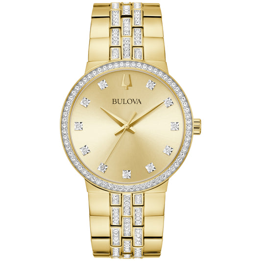 Bulova 98K113 gold-tone crystal watch and cross pendant box set