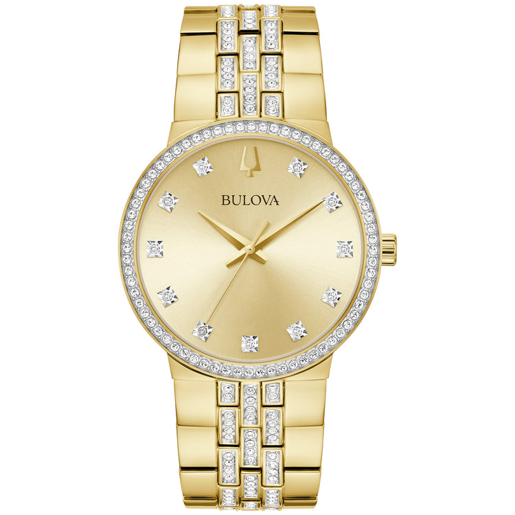 Bulova 98K113 gold-tone crystal watch and cross pendant box set