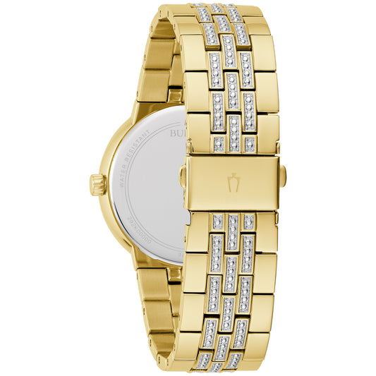 Bulova 98K113 gold-tone crystal watch champagne dial detail