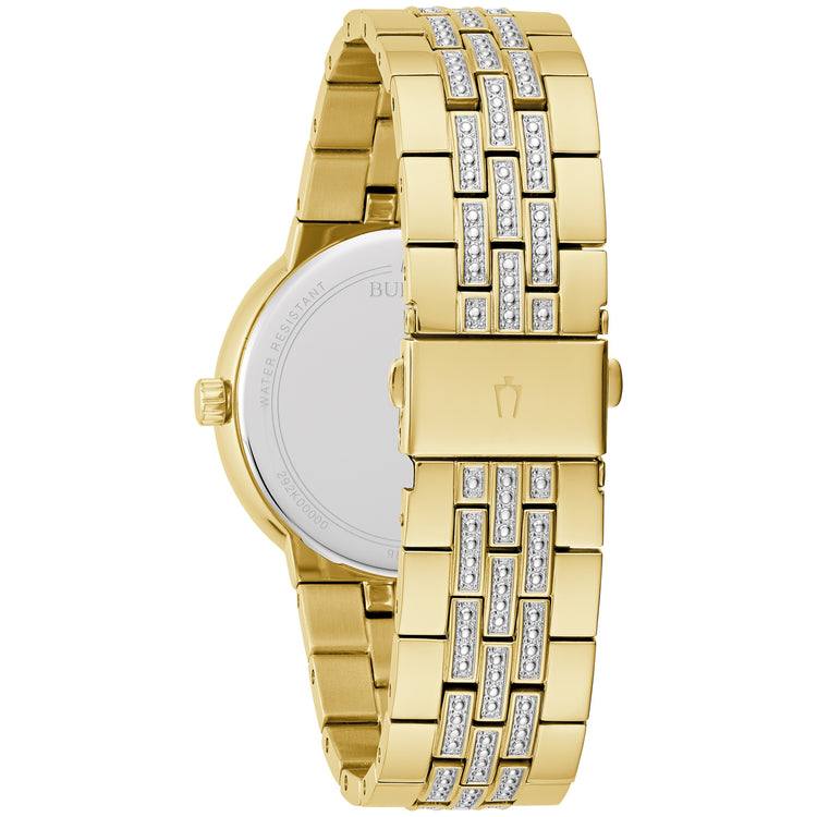 Bulova 98K113 gold-tone crystal watch champagne dial detail