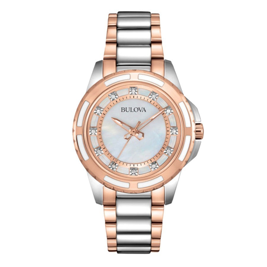 
                    Bulova 98P134 women's rose gold-tone diamond mother-of-pearl watch
                  