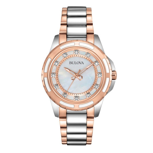 Bulova 98P134 women's rose gold-tone diamond mother-of-pearl watch