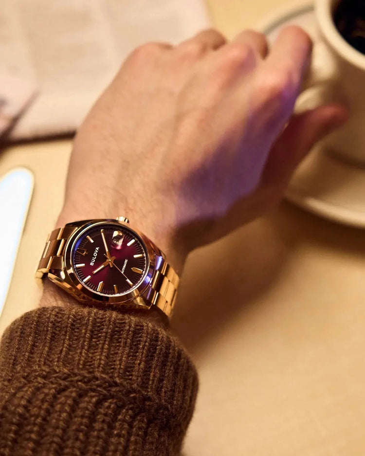 Bulova Surveyor 97B234 purple dial automatic watch detail