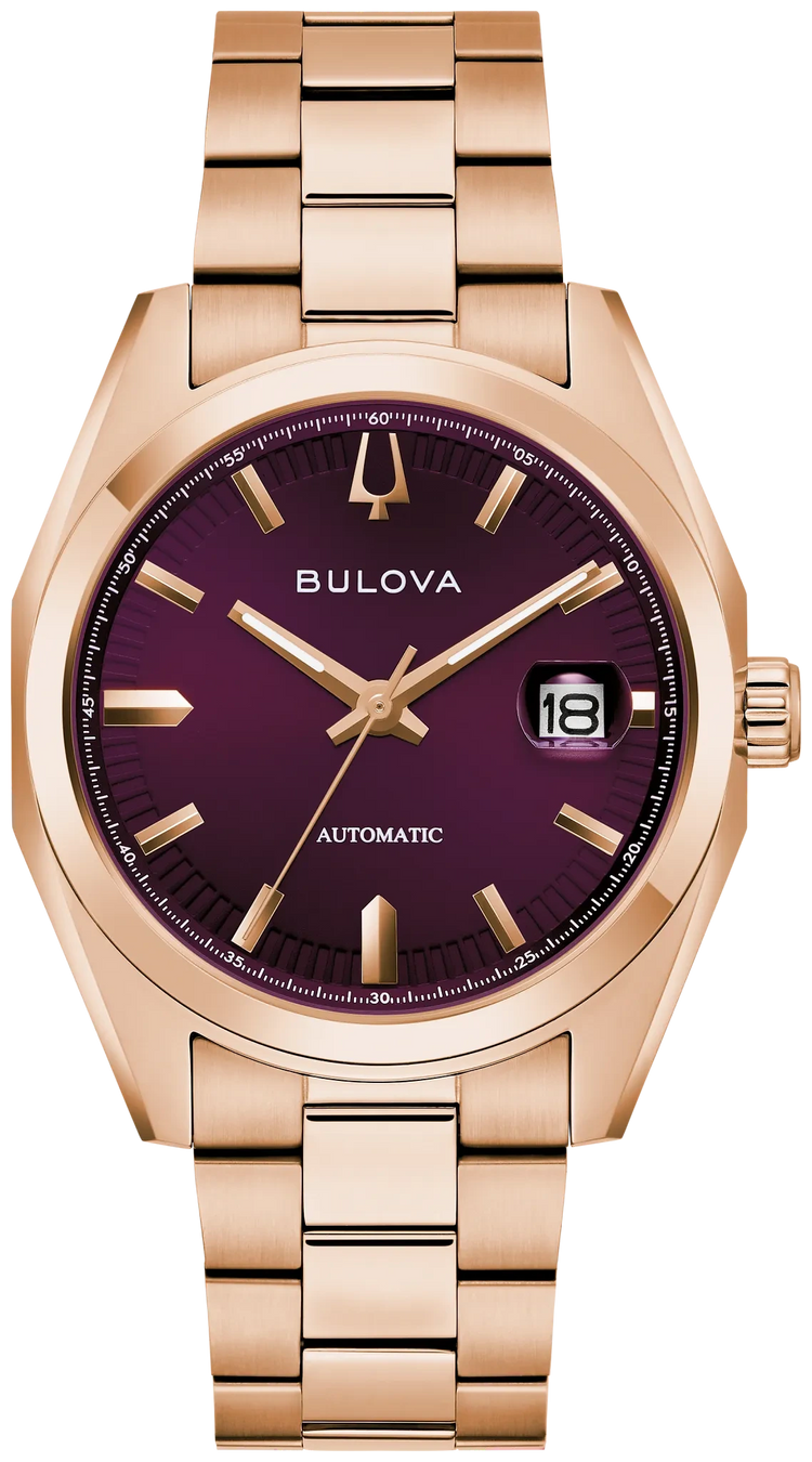 Bulova Surveyor Automatic 97B234 purple dial rose gold-tone watch – front view