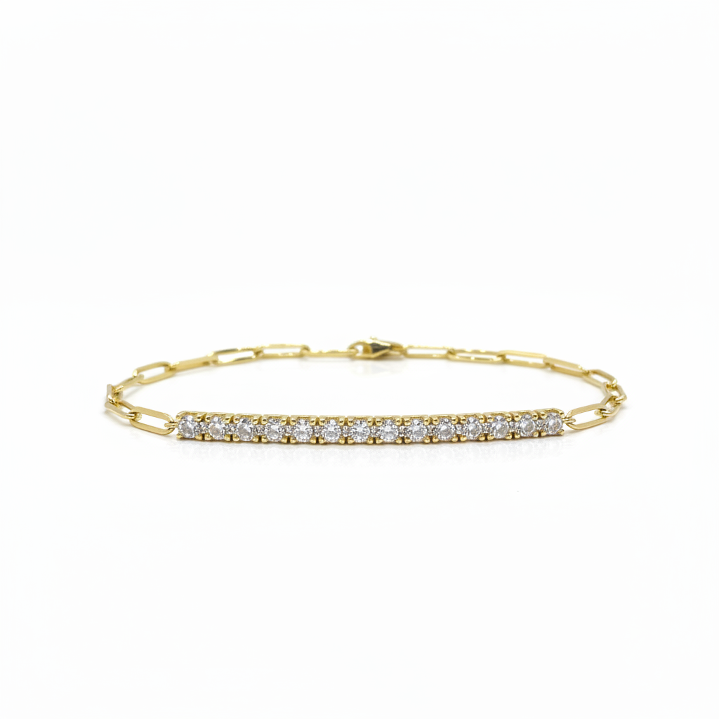 
                    Yellow Gold Tennis Paperclip Bracelet - White Background
                  